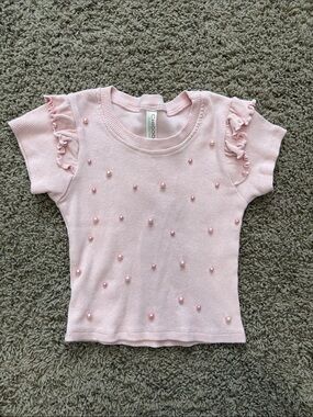 chic Light Pink Pearl-Embellished Ruffle Sleeve Knit Tee
